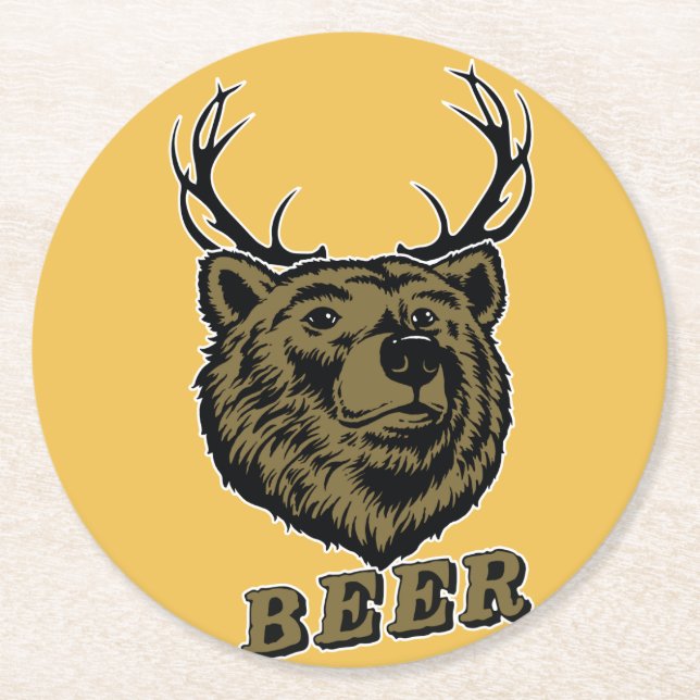 Bear + Deer = Beer? Round Paper Coaster (Front)