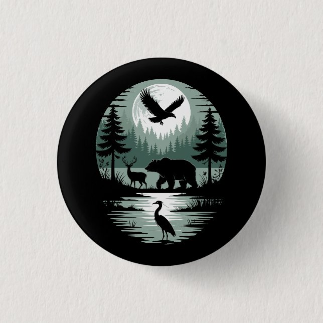 Bear Deer Eagle Moon Forest Silhouette Button (Front)