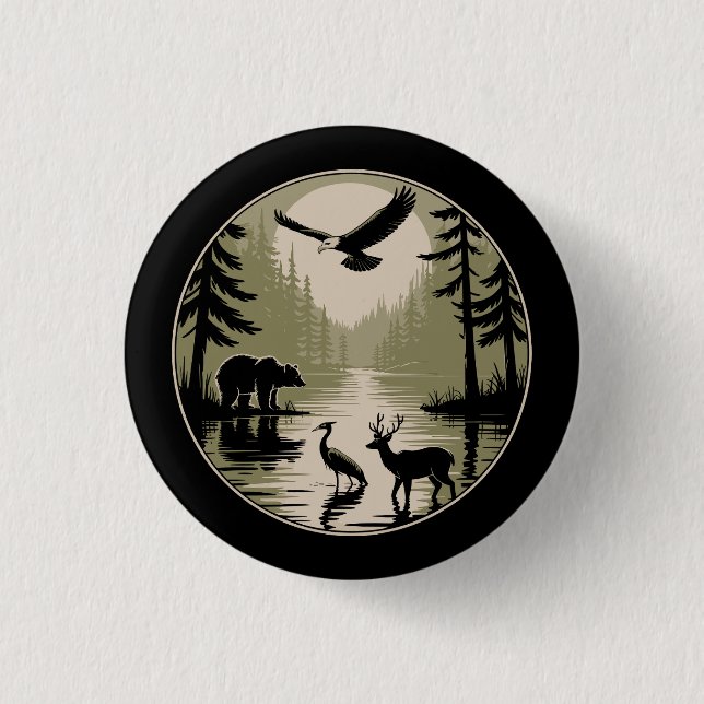 Bear Deer Eagle Moon Forest Silhouette Button (Front)