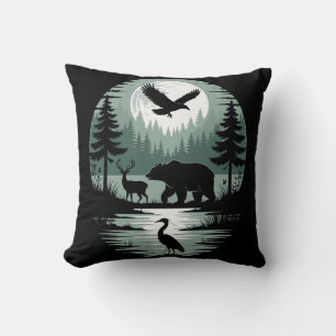Bear Deer Eagle Moon Forest Silhouette Throw Pillow