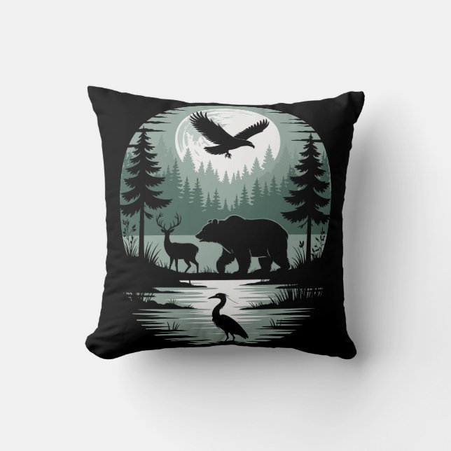 Bear Deer Eagle Moon Forest Silhouette Throw Pillow (Front)