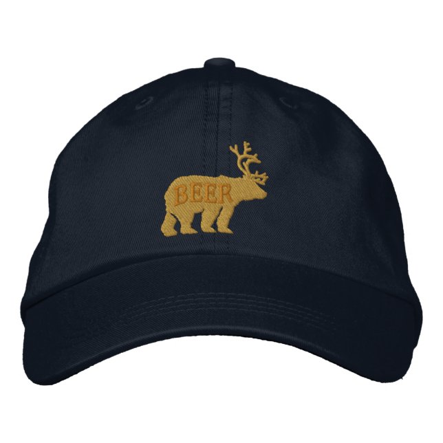 Bear Deer or Beer Embossed Embroidered Statement Baseball Hat (Front)