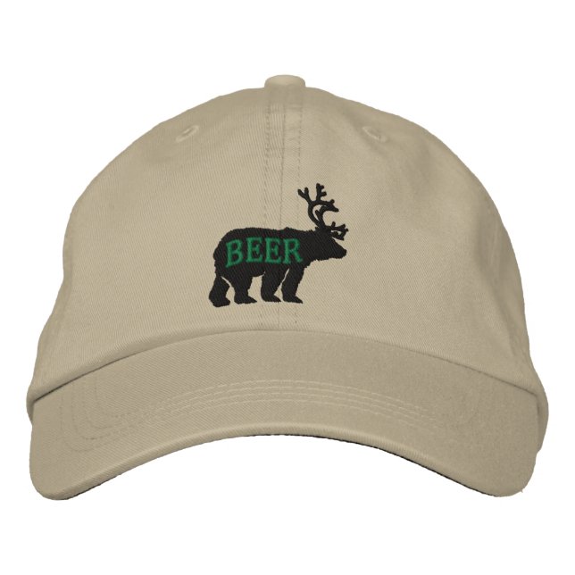 Bear Deer or Beer Embossed Embroidered Statement Embroidered Baseball Cap (Front)