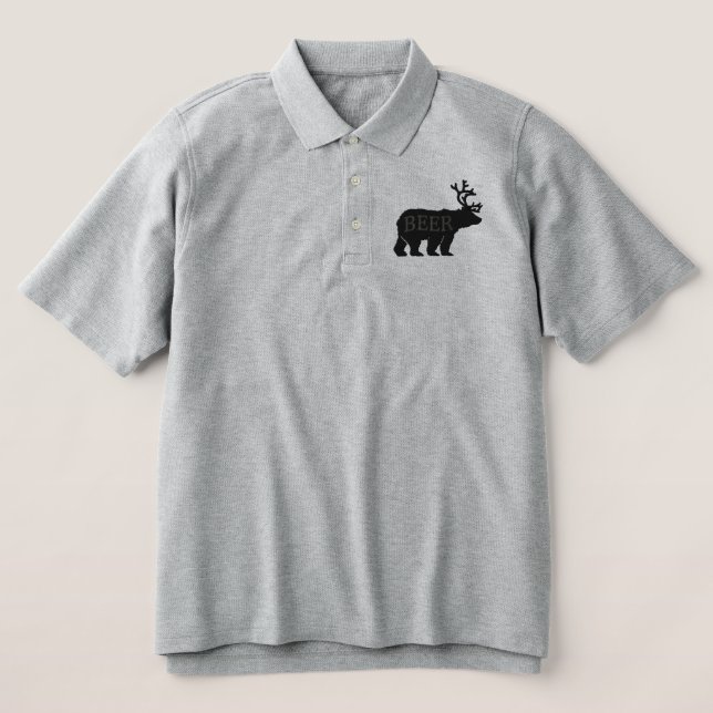 Bear Deer or Beer Embossed Embroidered Statement Polo Shirt (Design Front)