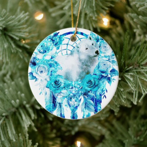 Bear Dreamcatcher Teal Ice Blue Floral Ceramic Ornament