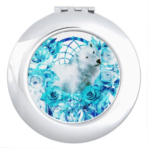 Bear Dreamcatcher Teal Ice Blue Floral Compact Mirror