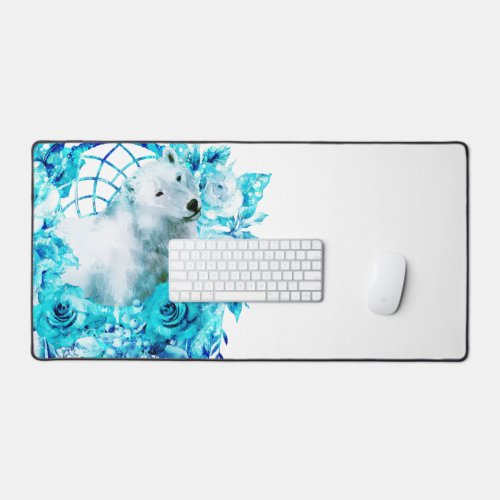 Bear Dreamcatcher Teal Ice Blue Floral Desk Mat