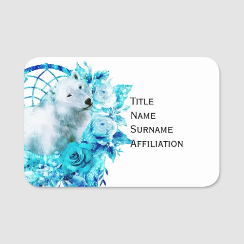 Bear Dreamcatcher Teal Ice Blue Floral Name Tag