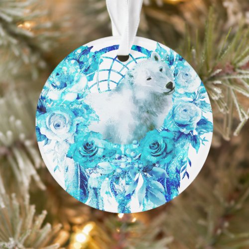 Bear Dreamcatcher Teal Ice Blue Floral Ornament