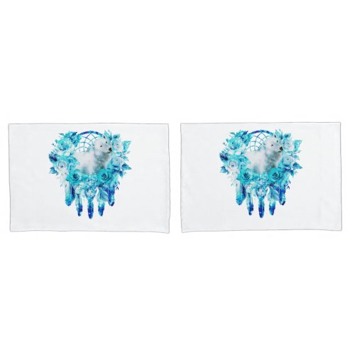 Bear Dreamcatcher Teal Ice Blue Floral Pillow Case