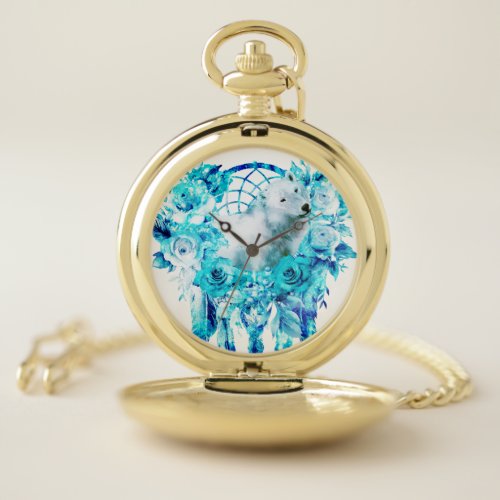 Bear Dreamcatcher Teal Ice Blue Floral Pocket Watch