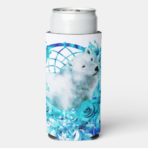 Bear Dreamcatcher Teal Ice Blue Floral Seltzer Can Cooler