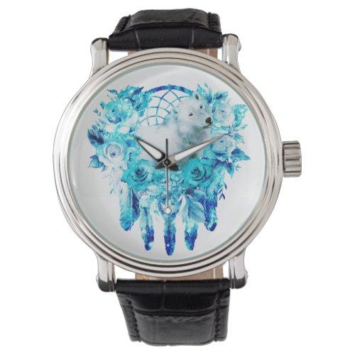 Bear Dreamcatcher Teal Ice Blue Floral Watch