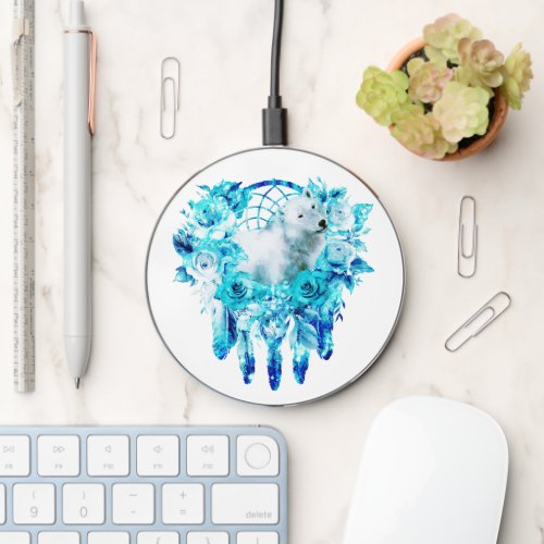 Bear Dreamcatcher Teal Ice Blue Floral Wireless Charger