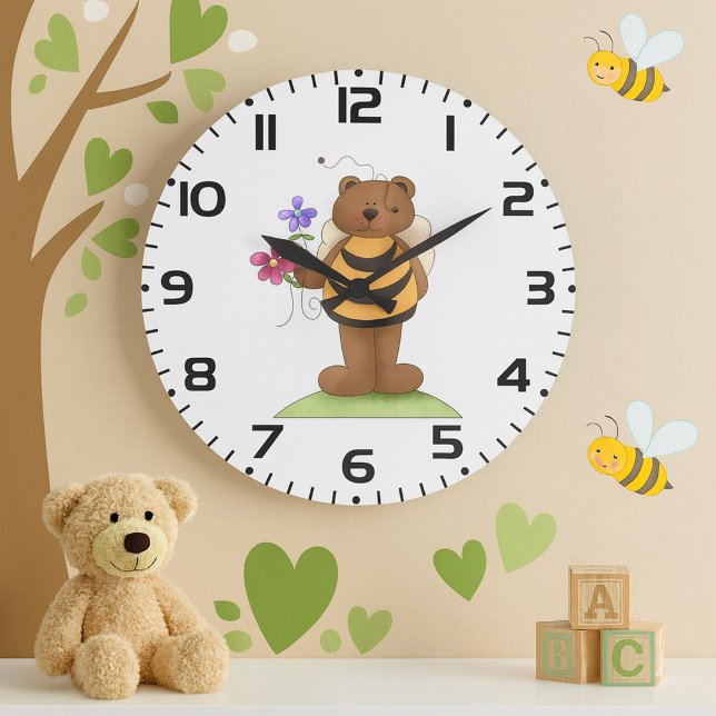 Bear Dressed as Bumblebee with Flowers Large Clock (Creator Uploaded)