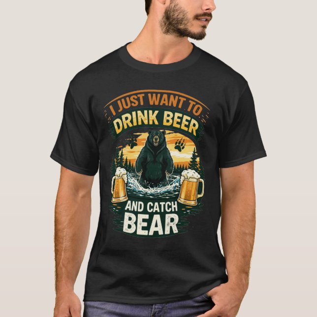 Bear Drinking Beer Funny Outdoor Adventure Fishing T-Shirt (Front)