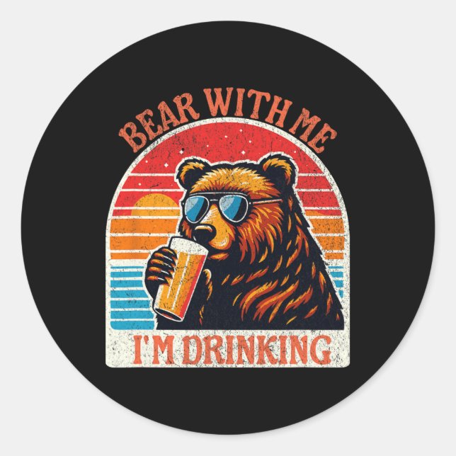 Bear Drinking Beer Outdoor Funny Grizzly Hiking  Classic Round Sticker (Front)