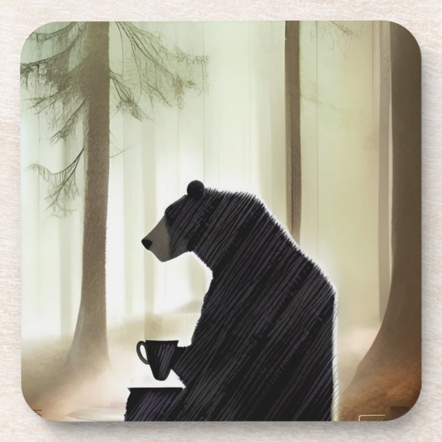 Bear Drinking Coffee in the Woods Beverage Coaster (Front)