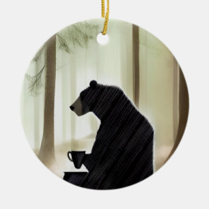 Bear Drinking Coffee in the Woods Ceramic Ornament