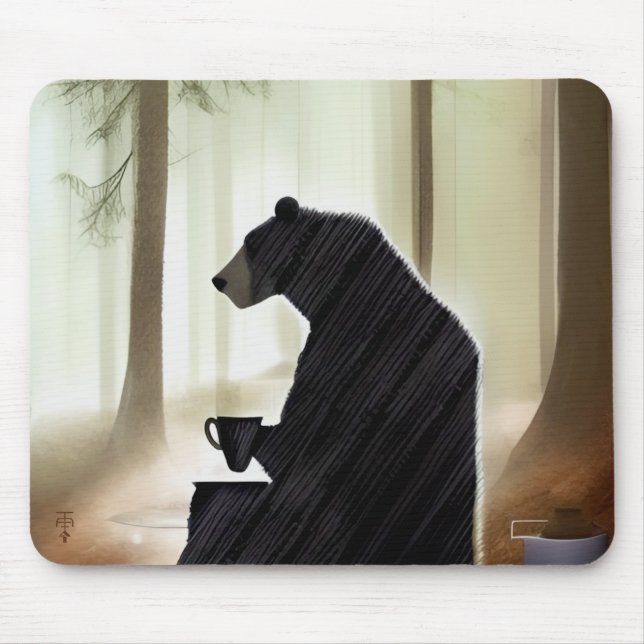 Bear Drinking Coffee in the Woods Mouse Pad (Front)