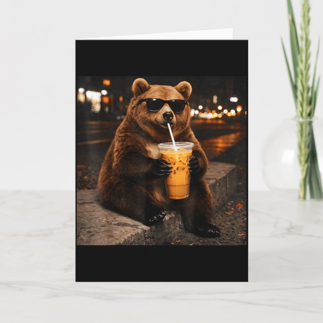 Bear Drinking Iced Coffee Funny Animal Meme Men Wo Card (Front)