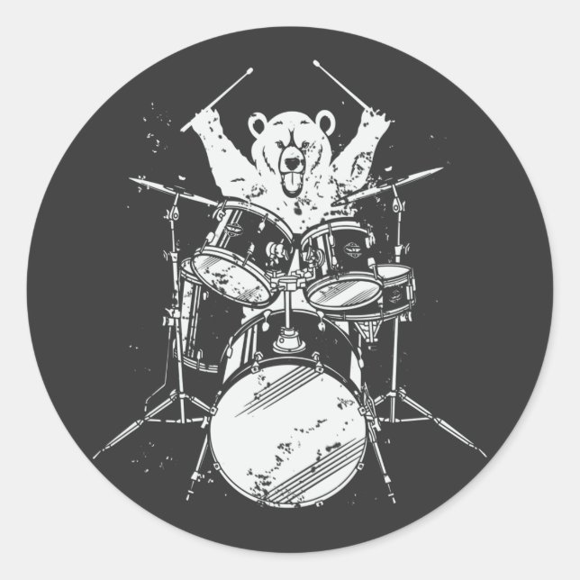 Bear Drummer Playing Drums Classic Round Sticker (Front)