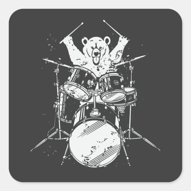 Bear Drummer Playing Drums Square Sticker (Front)