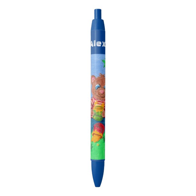 Bear eating honey kid personalized blue pen (Front Vertical)