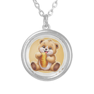 bear eating honey silver plated necklace