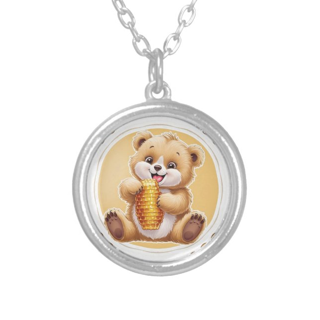 bear eating honey silver plated necklace (Front)