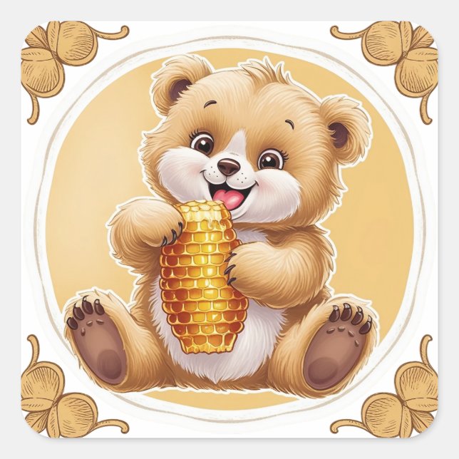 bear eating honey square sticker (Front)