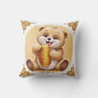 bear eating honey throw pillow
