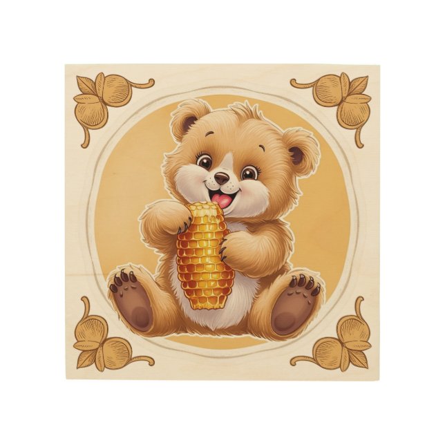 bear eating honey wood wall art (Front)