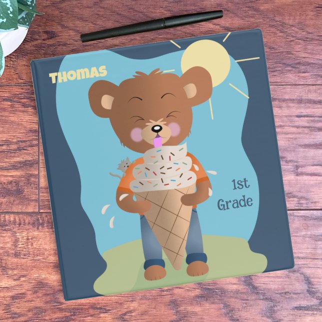 Bear Eating Ice Cream Kid School Binder (Cute school binder for kids with a brown bear eating a big ice cream cone . )