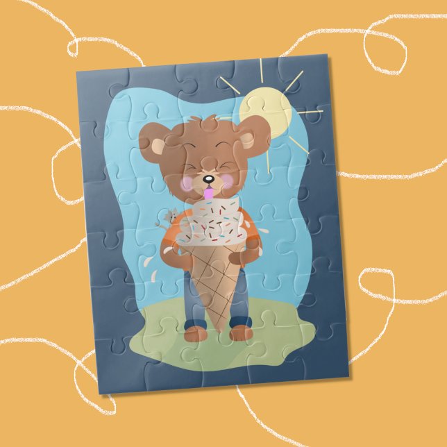 Bear Eating Ice Cream Kid Summer Puzzle (A summer puzzle for kids featuring a bear eating a giant ice cream cone .)