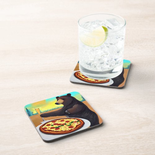 Bear eating pizza and drinking painting beverage coaster