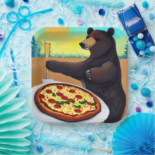 Bear eating pizza and drinking painting paper plates