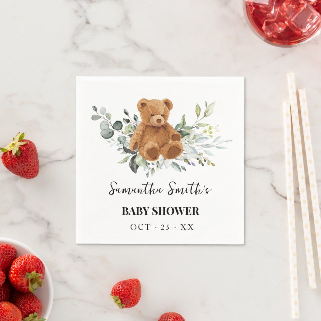 Bear Eucalyptus Greenery Baby Shower Napkins (Insitu)