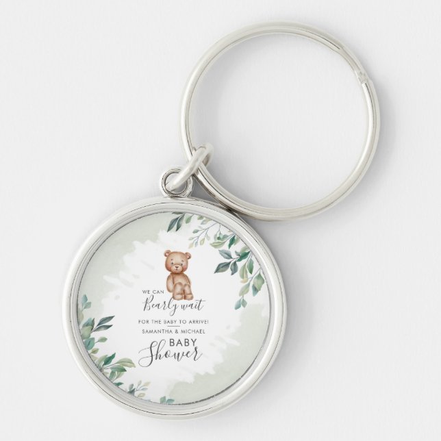 Bear Eucalyptus Leaves Couples Baby Shower Keychain (Front)