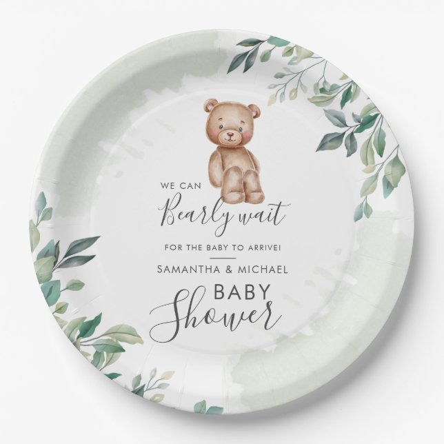 Bear Eucalyptus Leaves Couples Baby Shower Paper Plates (Front)
