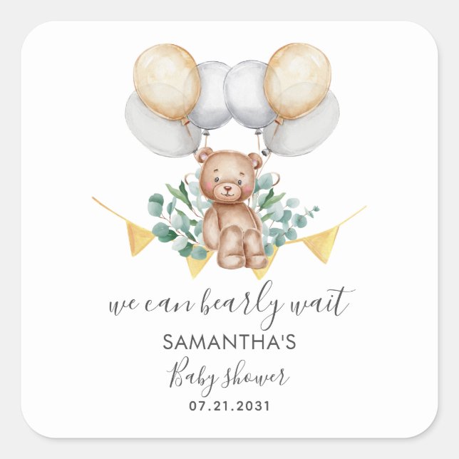 Bear Eucalyptus Script Baby Shower Square Sticker (Front)