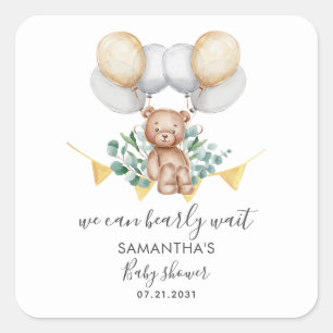 Bear Eucalyptus Script Baby Shower Square Sticker