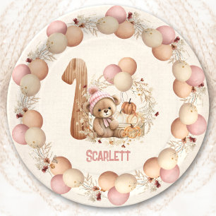 Bear Fall Beary 1st Birthday Girl Paper Plates