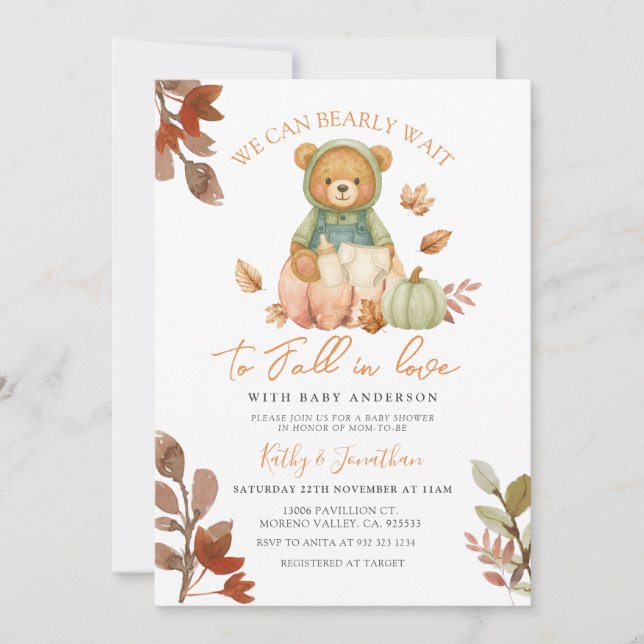  Bear Fall in Love Pumpkin Milk Bottle Baby Shower Invitation (Front)