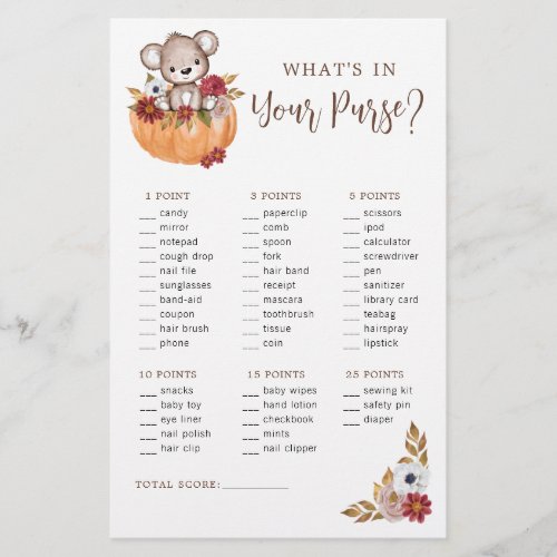 Bear Fall Pumpkin Purse Baby Shower Game