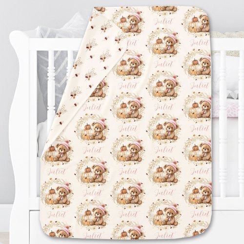 Bear Fall Pumpkins Wildflowers Beige Name Baby Blanket