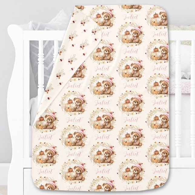 Bear Fall Pumpkins Wildflowers Beige Name Baby Blanket (Bear Fall Pumpkins Wildflowers Beige Name Baby Blanket)
