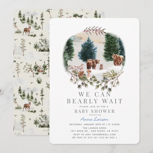 Bear Family Bearly Wait Winter Baby Shower Invitation (Front/Back)