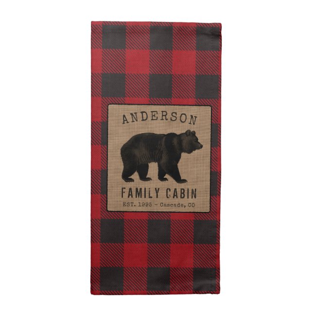 Bear Family Cabin Red Buffalo Plaid Burlap Cloth Napkin (Half Fold)