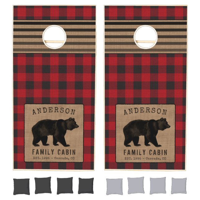 Bear Family Cabin Red Buffalo Plaid Burlap Cornhole Set (Set)